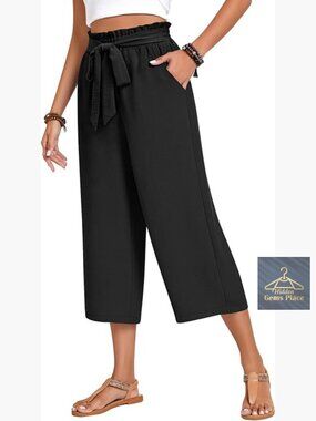 Plus Size Capri Pants Wide Leg High Waist Tie Knot Palazzo Trousers with Pockets